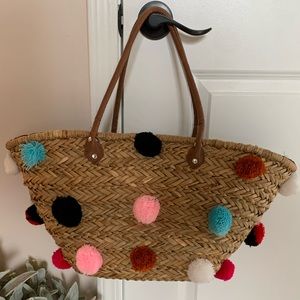 Pom Pom Straw Tote Bag